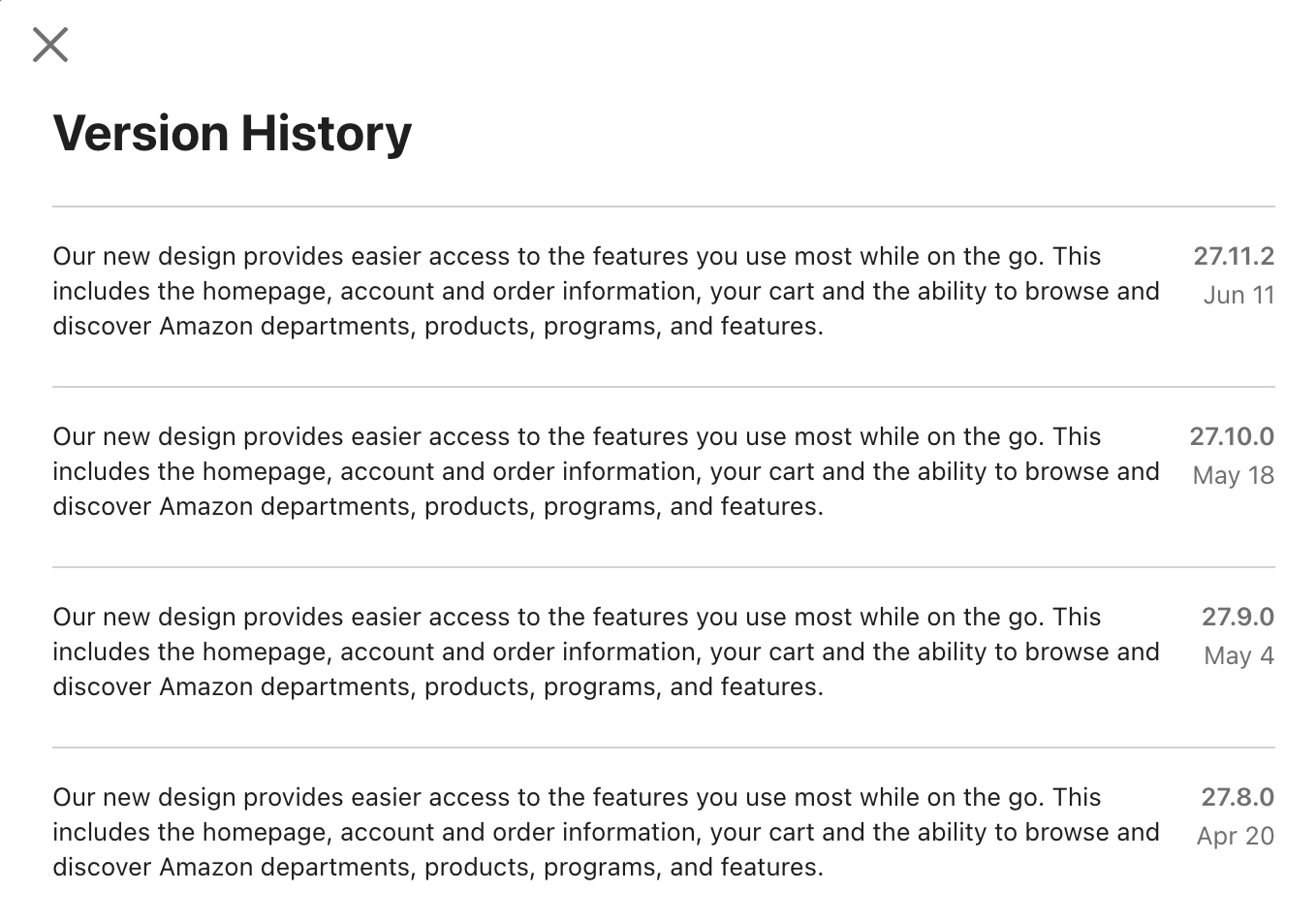 Amazon iOS App Version History showing updates on Apr 20, May 4, May 18, and Jun 11